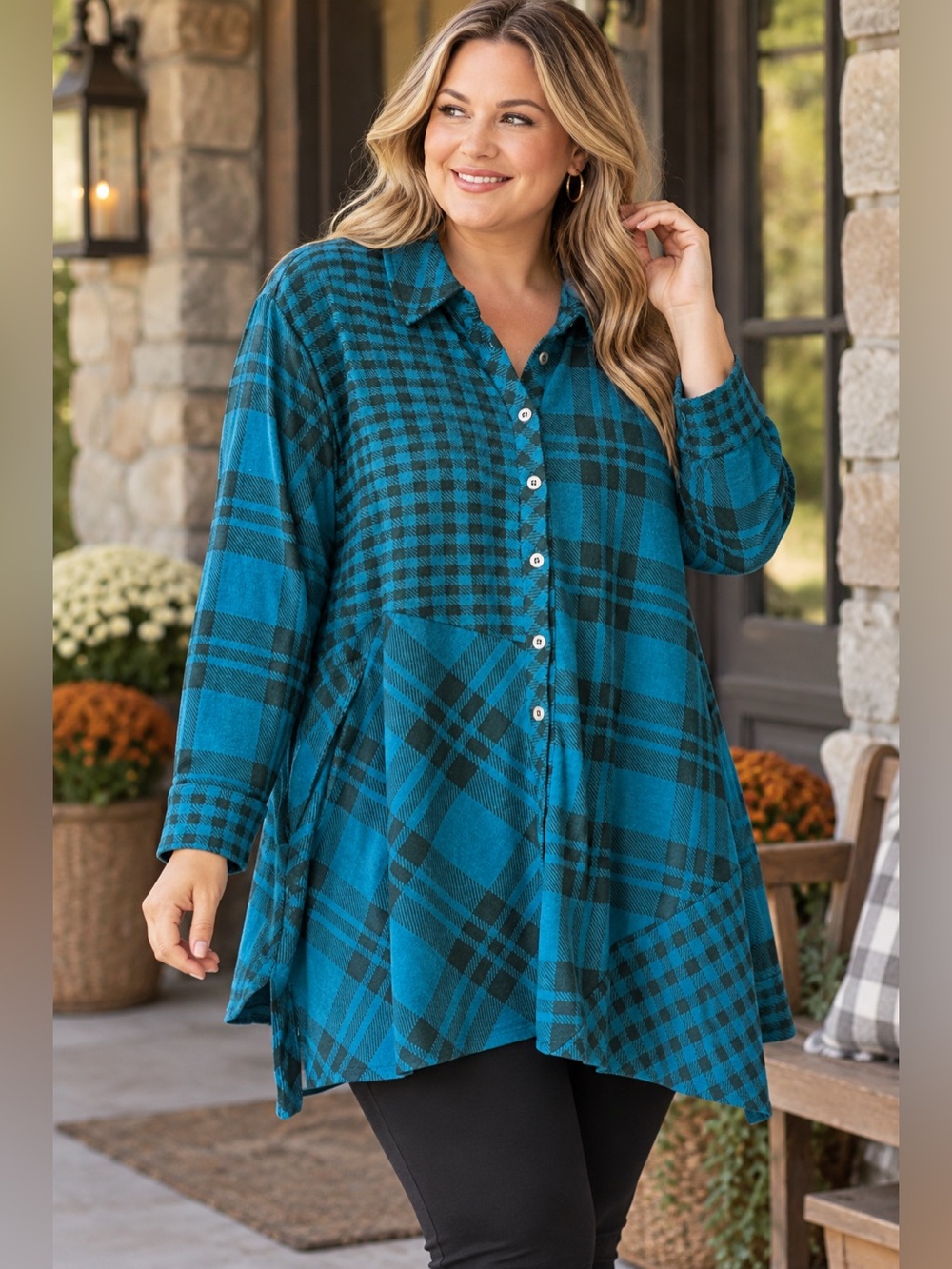 Soft Surroundings Paramour Plaid Tunic Top Teal Black 3X NWOT Lagenlook Coastal